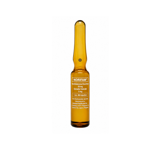 Amber glass ampoule labeled 'NORIFAM' on a white background