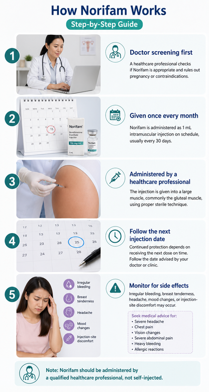 Step-by-step guide on how Norifam works, administered by a healthcare professional.