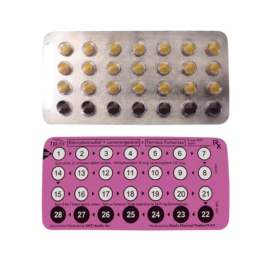 Contraceptive pill packaging with a pink prescription label on a white background