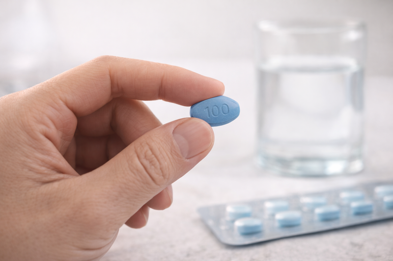 Hand holding a blue pill with a glass of water and more pills in the background