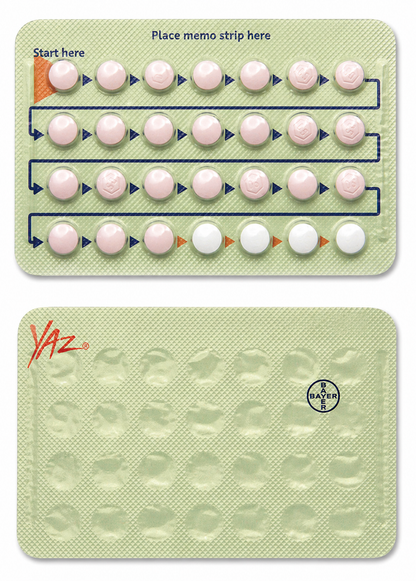 Yaz birth control pill packaging with pills arranged in a grid on a light green background.