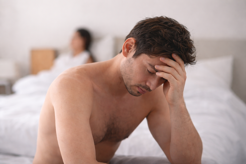 Man sitting on a bed with a distressed expression, blurred figure in the background