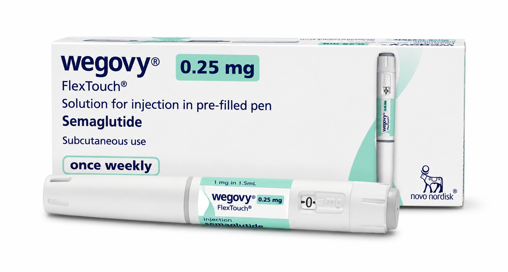 Wegovy FlexTouch 0.25 mg semaglutide solution for injection shown with its retail box and a pre-filled pen on a white background.