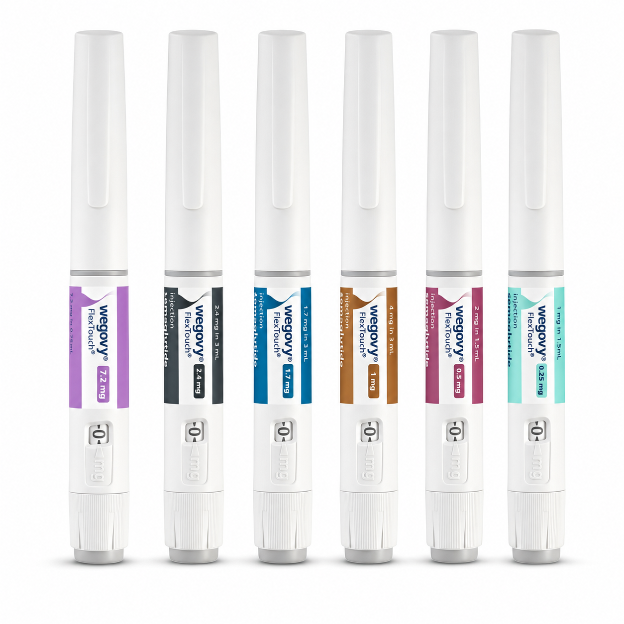 Six wegovy pens in different colors (purple, black, blue, brown, pink, and teal) arranged in a row on a white background.