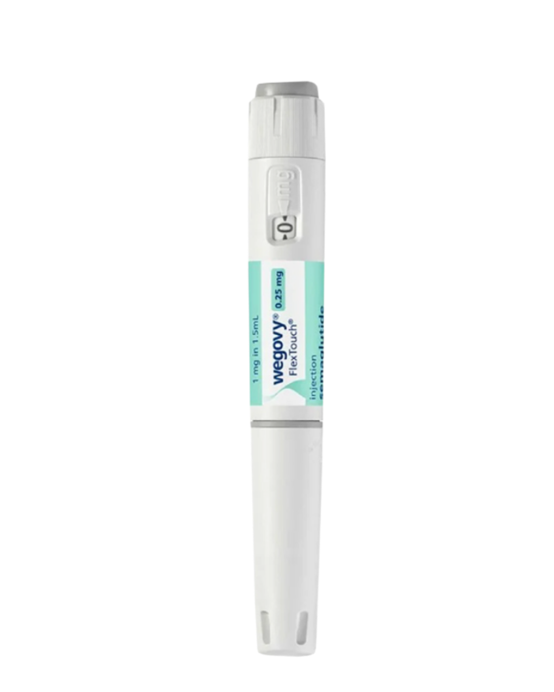 A single pen-style medical device, likely a glucose meter or similar handheld medical tool, shown upright on a plain white background. The device is predominantly white with a mint green and dark blue label in the center.