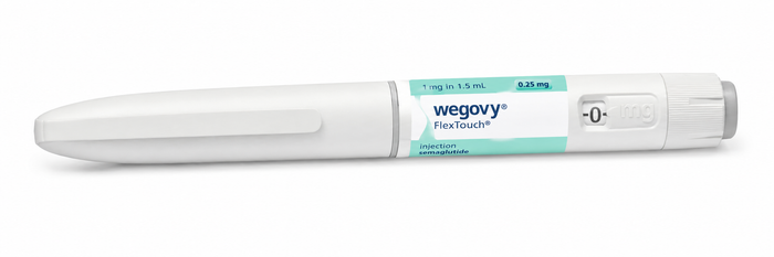 A Wegovy FlexTouch 0.25 mg subcutaneous pen device, shown horizontally against a plain white background.